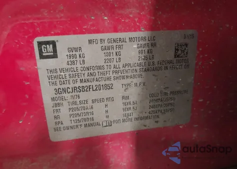 2015 Chevrolet Trax Lt z USA, uszkodzony, nr VIN 3GNCJRSB2FL201852